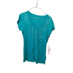 Calvin Klein Sequin Top Women's Medium Teal Cotton V-Neck Short Sleeve Pullover